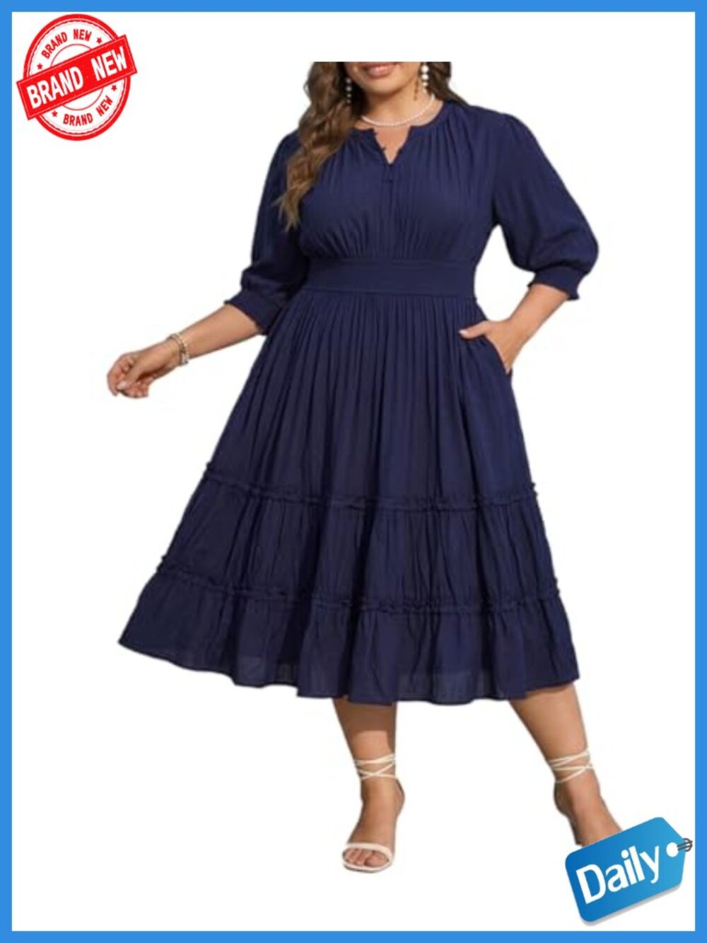 Plus Size Midi Dress with Pockets V-Neck Stretch Waist A-Line Casual